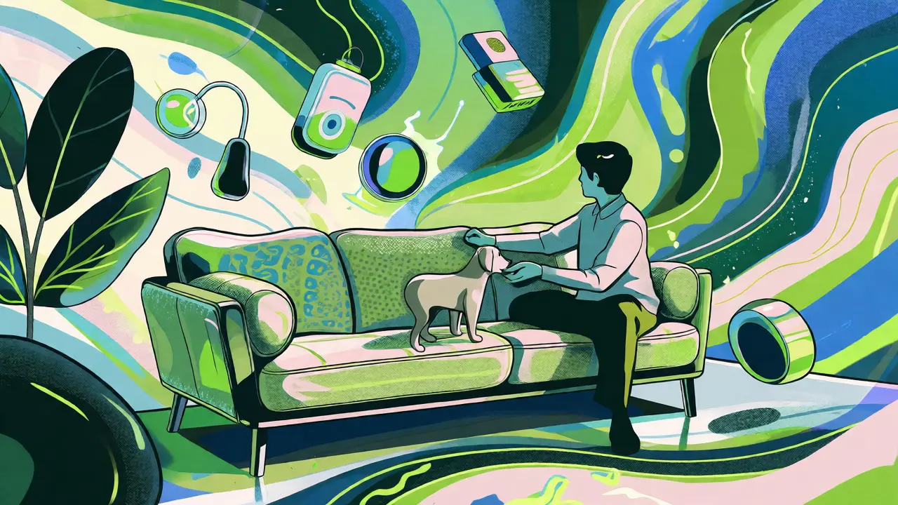 Psychedelische Illustration eines modernen Sofas aus recycelten Materialien mit futuristischen Akzenten.