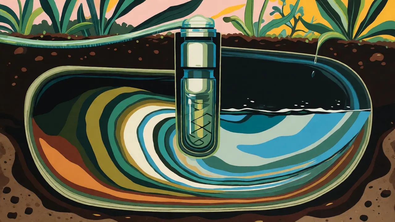 Querschnitt einer Zisterne mit gefiltertem Wasser und Gartenbewässerung