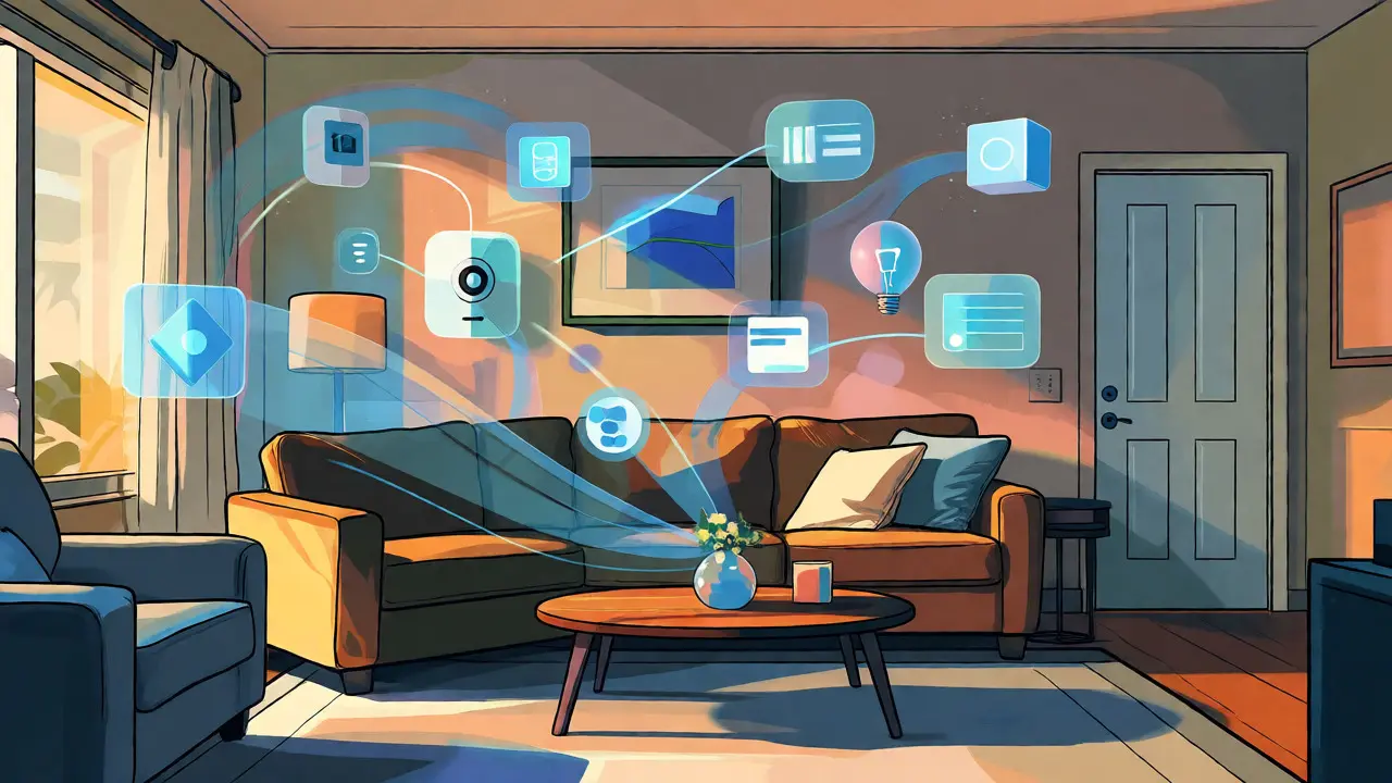 Stilisierte Darstellung von vernetzten Smart-Home-Geräten im Wohnzimmer
