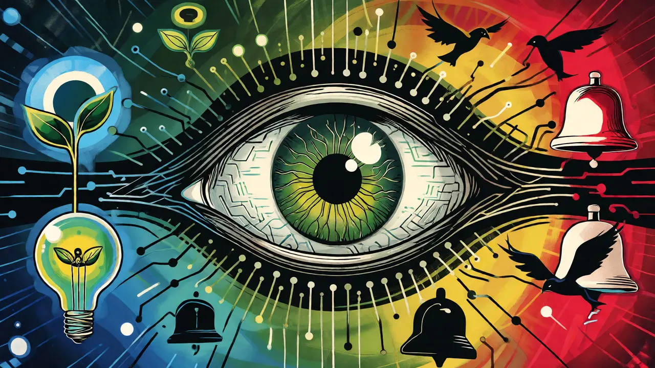 Stilisiertes Auge aus Schaltkreisen und Blättern, umgeben von Symbolen für Energieeffizienz und Warnsignale.