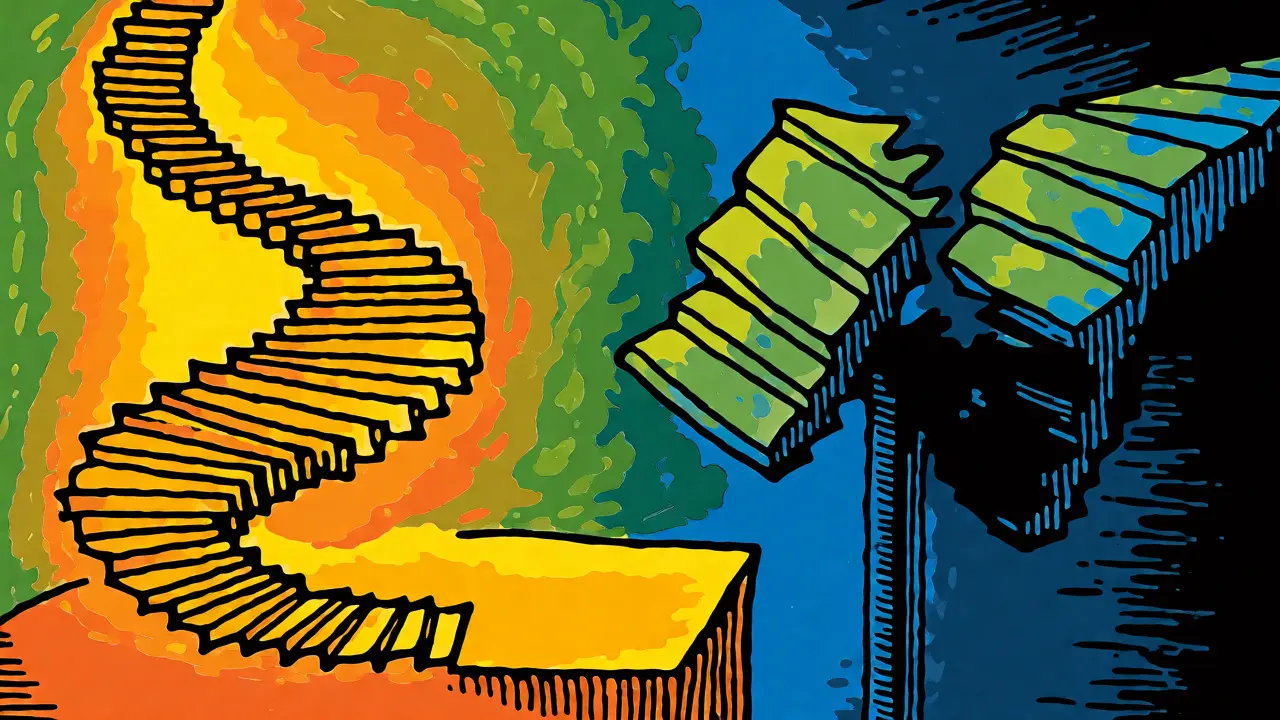 Vergleich einer stabilen Treppe und einer gebrochenen Brücke im Cartoon-Stil